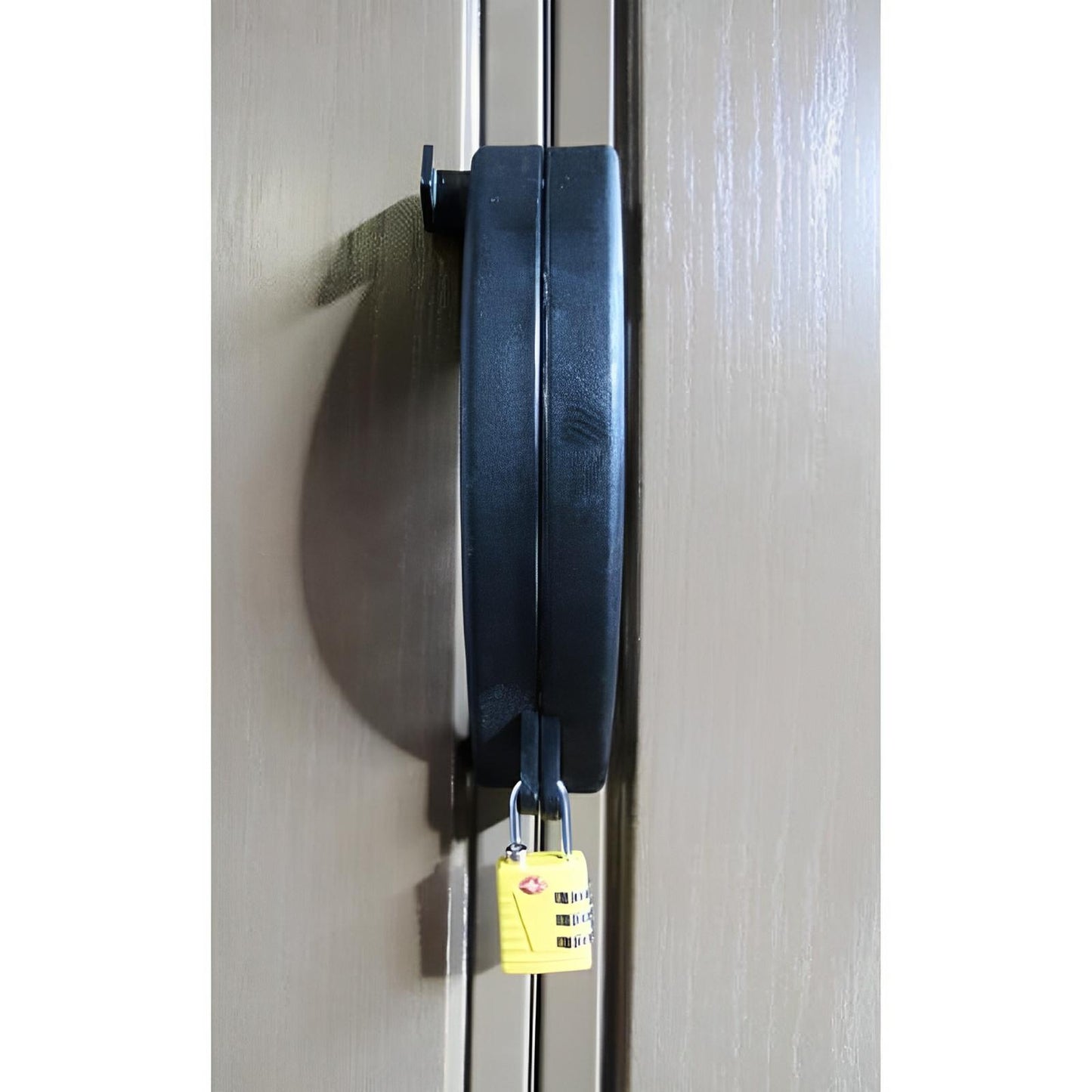 Duramax TSA Lightweight Combination Lock on shed door handle, showing three-number design for secure storage.