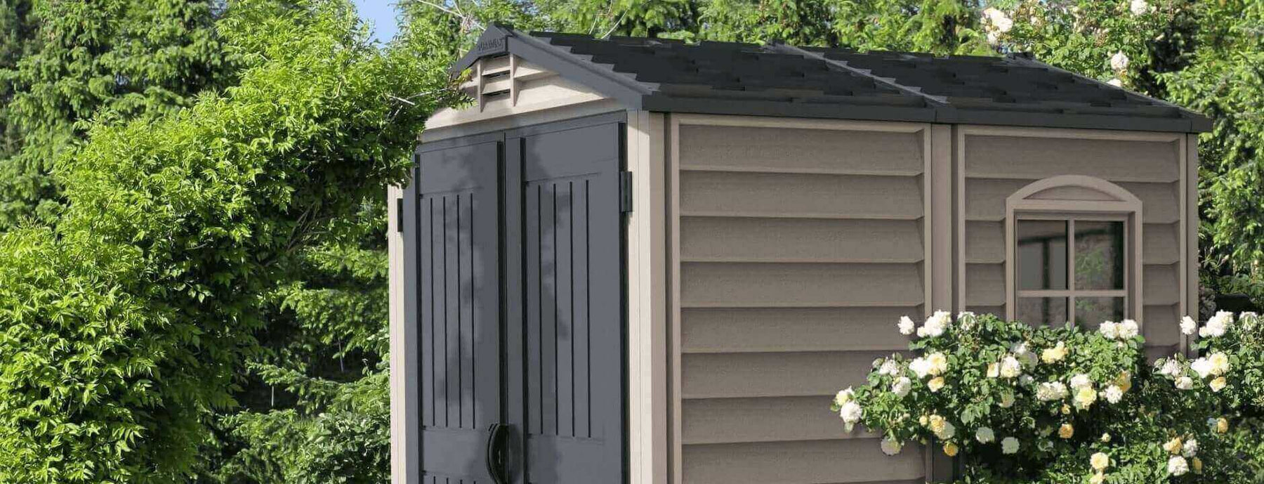 Duramax Sheds outdoor storage solution, showcasing a durable and stylish shed surrounded by greenery.