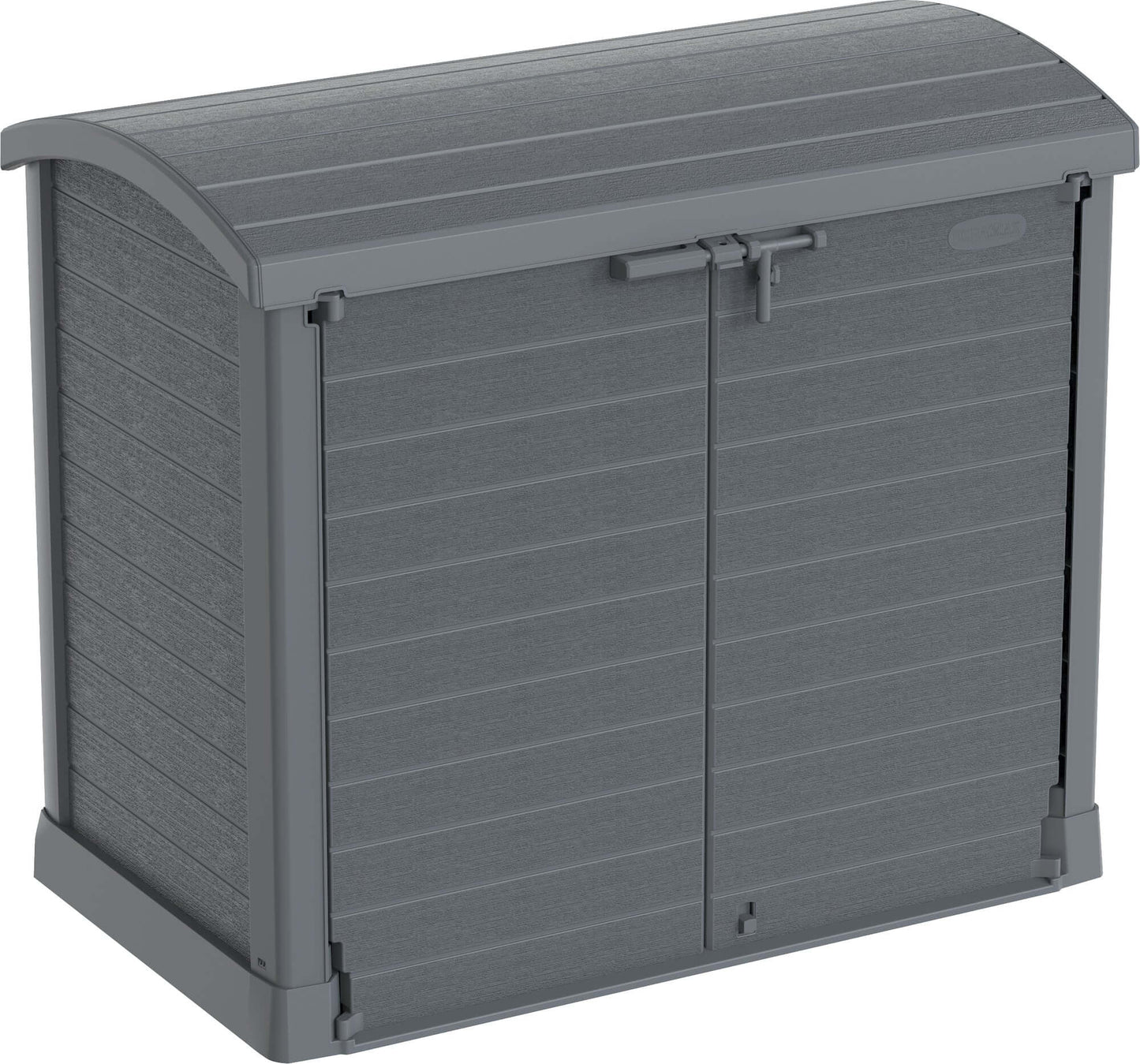 Duramax Storeaway Arc Lid 1200L Gray weatherproof garden shed for storing tools, bikes, and barbecues, model 86633.