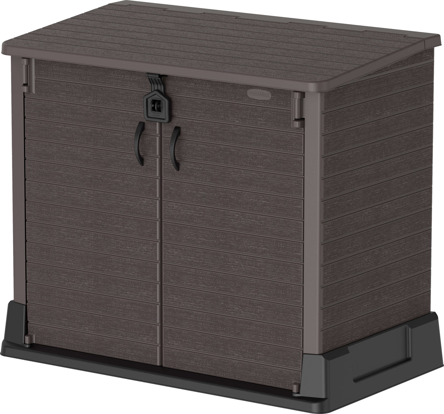 Duramax Storeaway 850L Brown garden shed, weatherproof storage for tools and bikes, with wide-opening doors, model 86621.