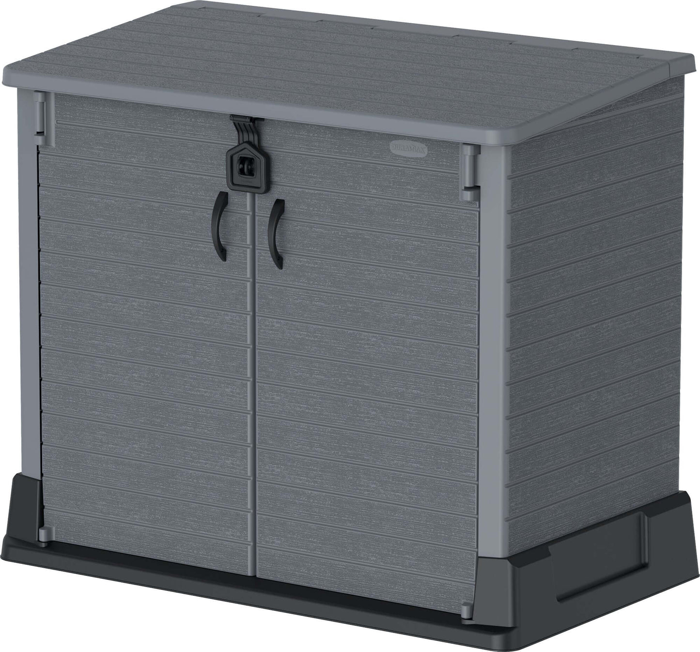 Duramax StoreAway 850L garden shed in gray, ideal for outdoor storage of tools and bicycles, featuring wide-opening doors.