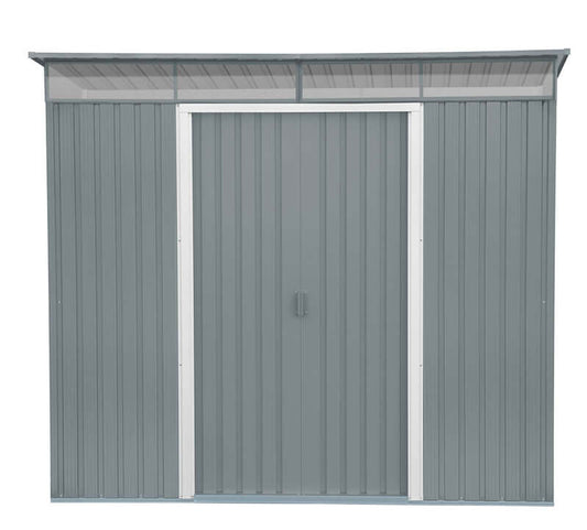 Duramax 8x6 metal shed with skylight and pent roof, ideal for garden storage, offering 4.51 cubic meters of space. 