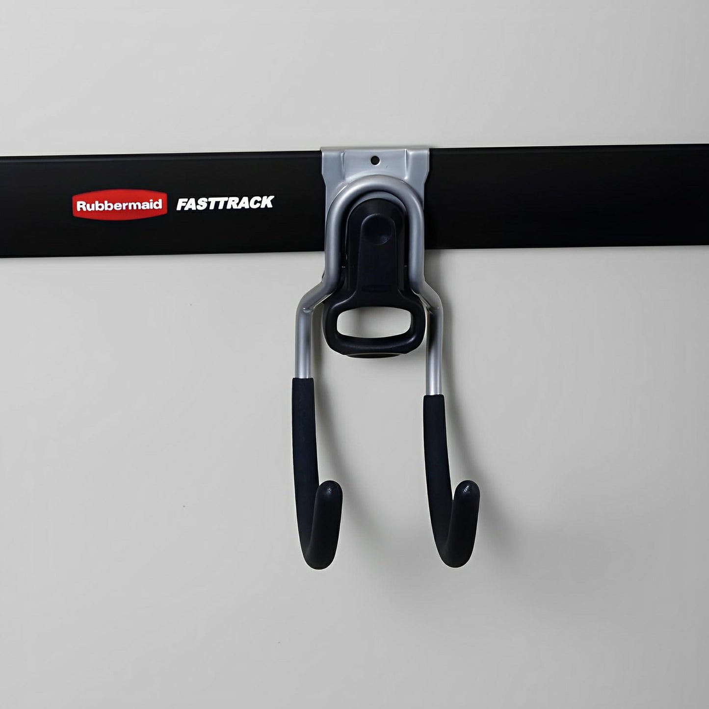 Rubbermaid FastTrack Multi-Purpose Hook for storing tools, hoses, and sports equipment in Duramax vinyl sheds.