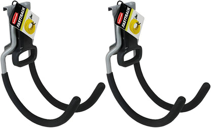 Two Rubbermaid FastTrack multi-purpose hooks with soft-grip coating for organizing tools and equipment in sheds, garages, or workshops.