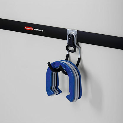Rubbermaid FastTrack storage system with multi-purpose hook holding blue weights, showcasing organized vertical storage solution.