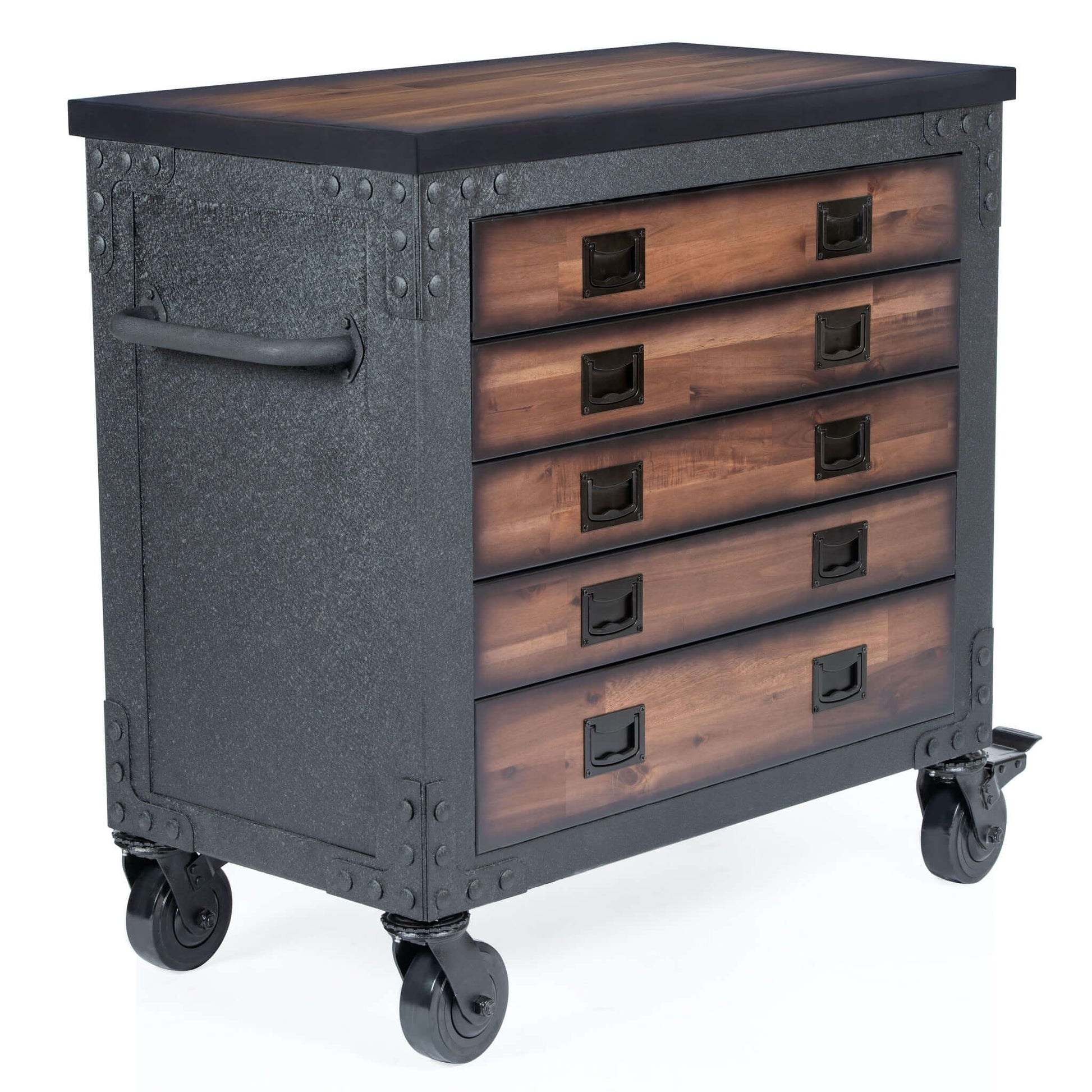 Duramax 36 in 5 Drawer Rolling Tool Chest with Wood Top, industrial storage cart with durable metal frame and caster wheels.