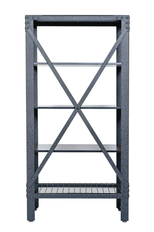 Duramax Industrial Metal and Wood Storage Shelving with acacia wood shelves and black metal frame.