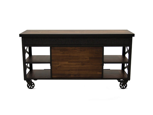 Duramax Farmhouse Cabinet 68062 with sliding doors and wheels, made of durable metal and solid wood, industrial design.