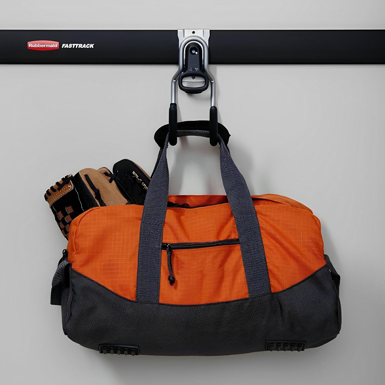 Rubbermaid FastTrack Multi-Purpose Hook holding an orange and gray duffel bag and gloves for optimized shed storage