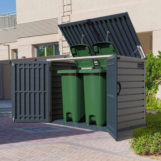 Duramax Garbage Can Shed 2100L MultiStore 90225 with open doors showing two green bins, made from fire-retardant vinyl resin.