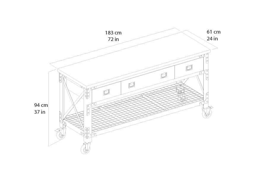 Duramax 72 In x 24 In 3-Drawer Rolling Industrial Workbench w/ Wood Top - Aged Espresso 68001E