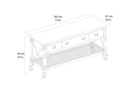 DuraMax 72" x 24" industrial workbench with 3 drawers and lower shelf, dimensions labeled in centimeters and inches.