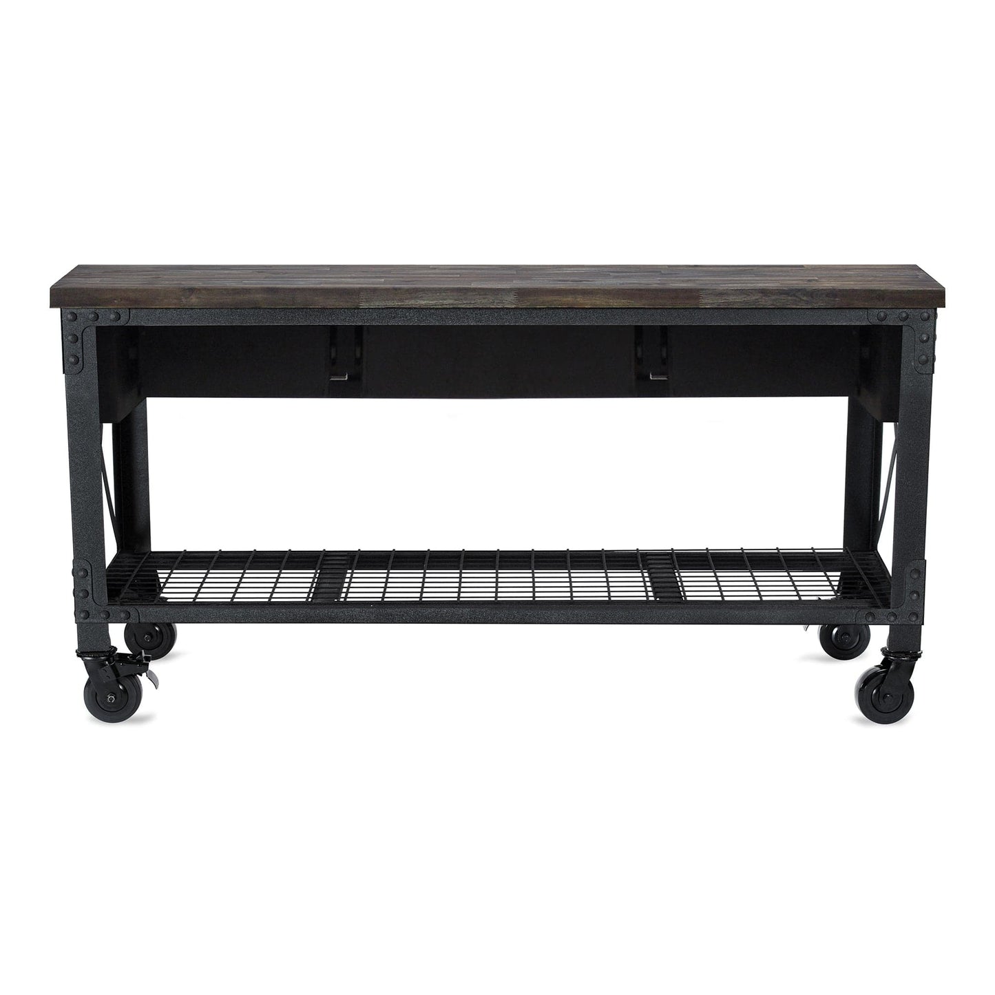 DuraMax 72 In x 24 In industrial workbench on wheels with wood top and storage shelves.