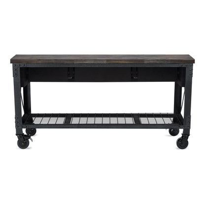 DuraMax 72 In x 24 In industrial workbench on wheels with wood top and storage shelves.