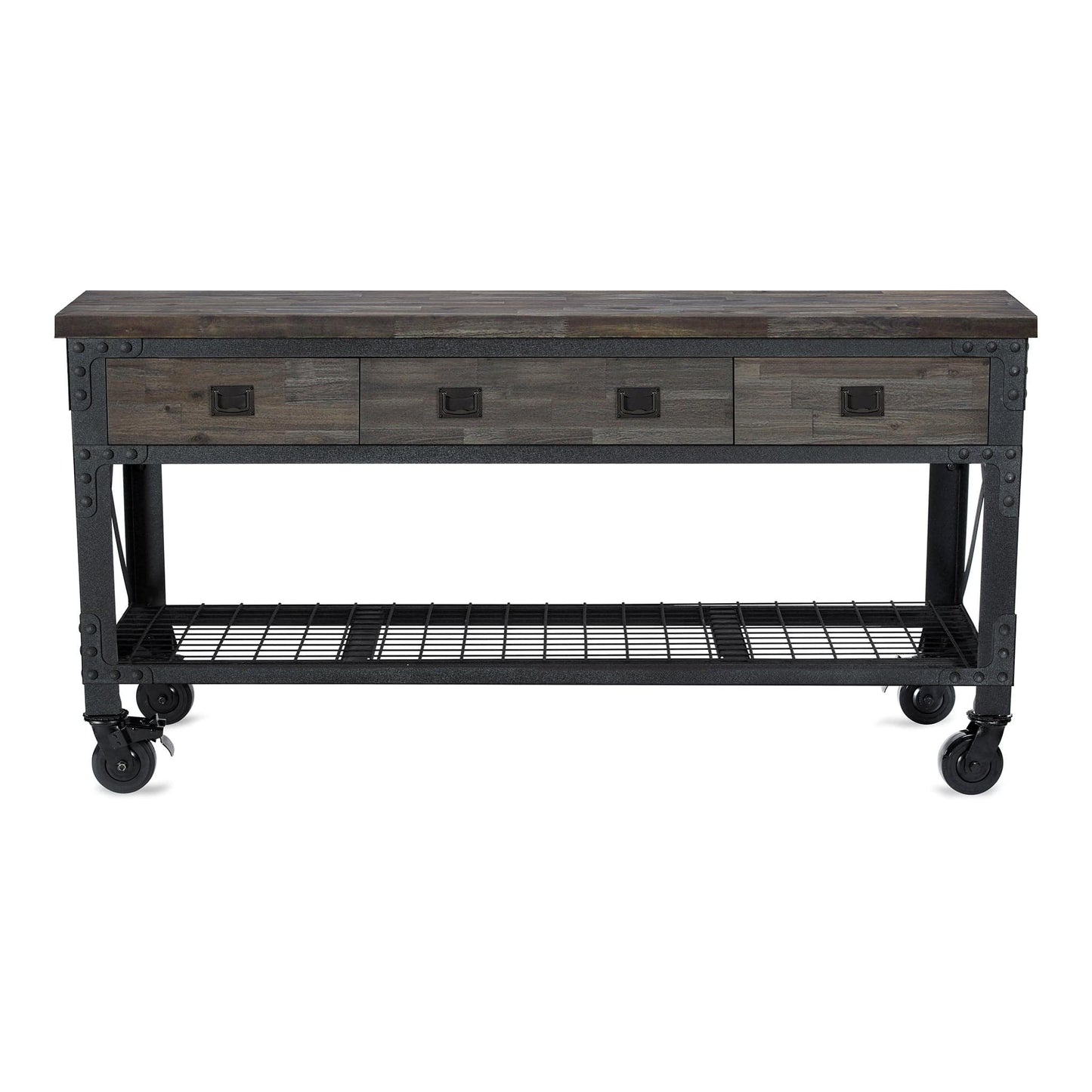 DuraMax 72" x 24" industrial workbench with wood top, 3 drawers, and rolling wheels, aged espresso finish.