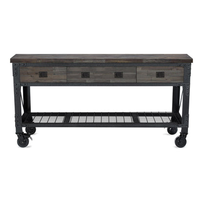 DuraMax 72" x 24" industrial workbench with wood top, 3 drawers, and rolling wheels, aged espresso finish.