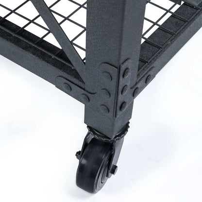 Close-up of industrial workbench wheel and frame, showcasing durable construction and mobility.
