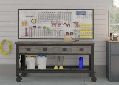 DuraMax 72-Inch industrial workbench with wood top, 3 drawers, and tool organization in a garage setting.