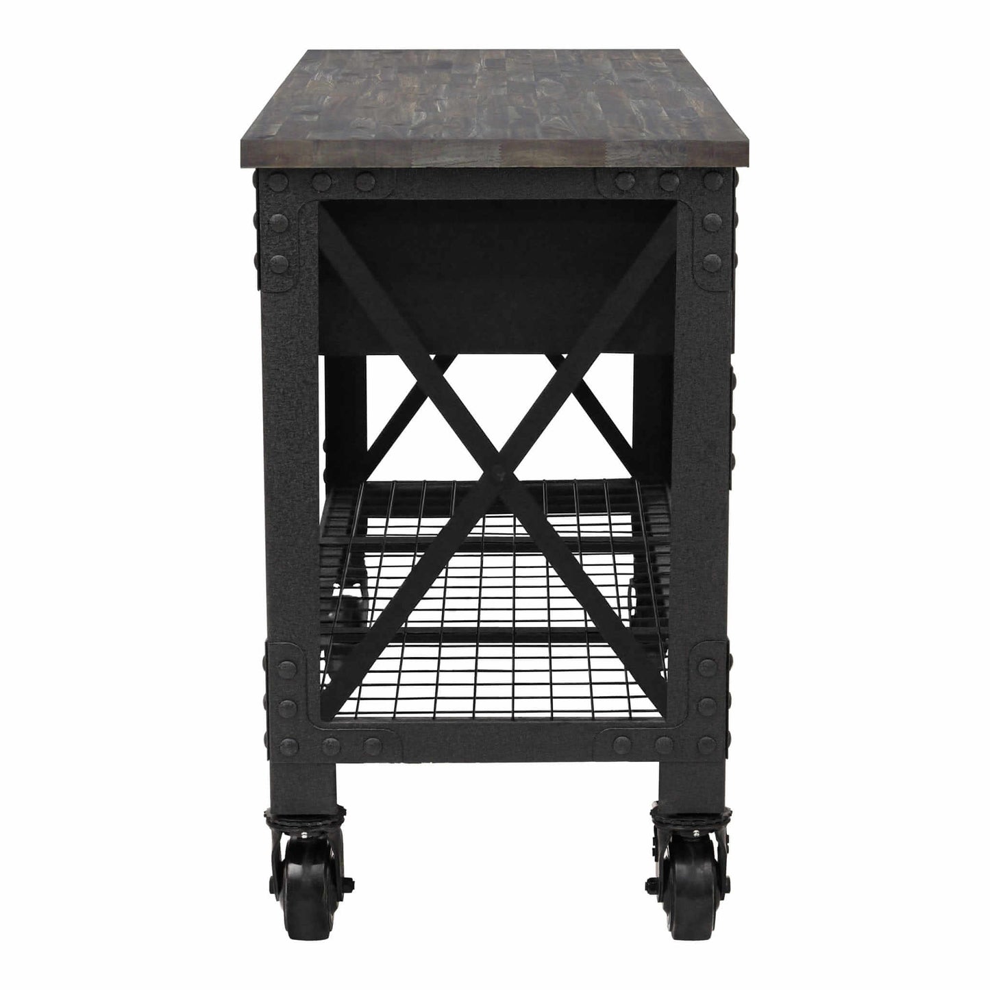 DuraMax 72 inch industrial workbench, rolling design with wood top and sturdy lower shelf, aged espresso finish.