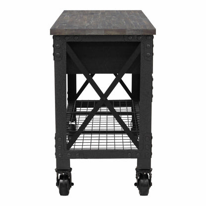 DuraMax 72 inch industrial workbench, rolling design with wood top and sturdy lower shelf, aged espresso finish.
