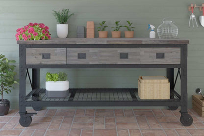 DuraMax 72" x 24" industrial workbench with wood top, three drawers, and lower shelf for storage, aged espresso finish.