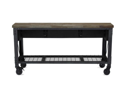 DuraMax industrial workbench with wood top and drawers on wheels, perfect for storage in home or garage.