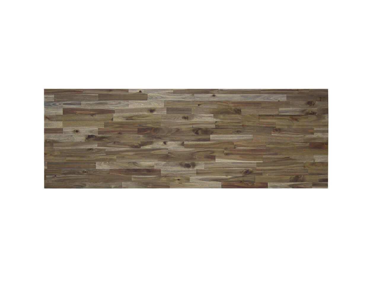 Wood top surface of DuraMax 72" industrial workbench in aged macadamia finish.