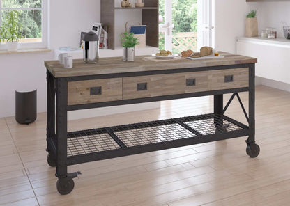 DuraMax 72 In x 24 In rolling industrial workbench with wood top and 3 drawers, perfect for kitchen or garage use.