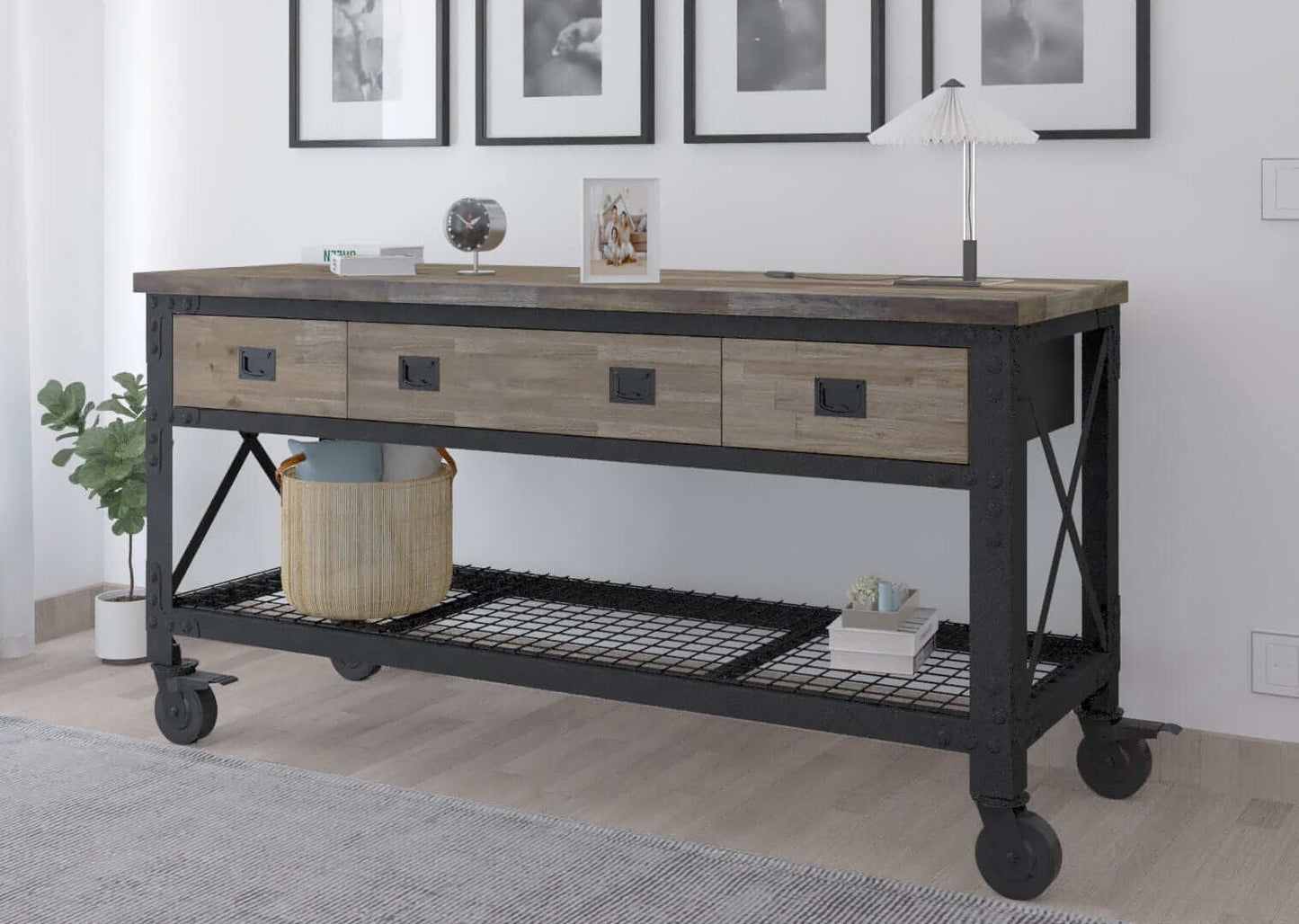 DuraMax 72 In x 24 In 3-Drawer rolling industrial workbench with wood top in aged macadamia finish.
