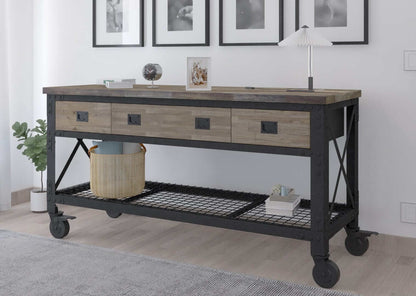 DuraMax 72 In x 24 In 3-Drawer rolling industrial workbench with wood top in aged macadamia finish.