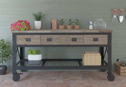 DuraMax 72" x 24" 3-drawer industrial workbench with wood top and wheels, ideal for home or garage storage.