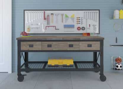 DuraMax 72 In 3-Drawer Rolling Industrial Workbench with Wood Top in Aged Macadamia, ideal for garage or workshop.