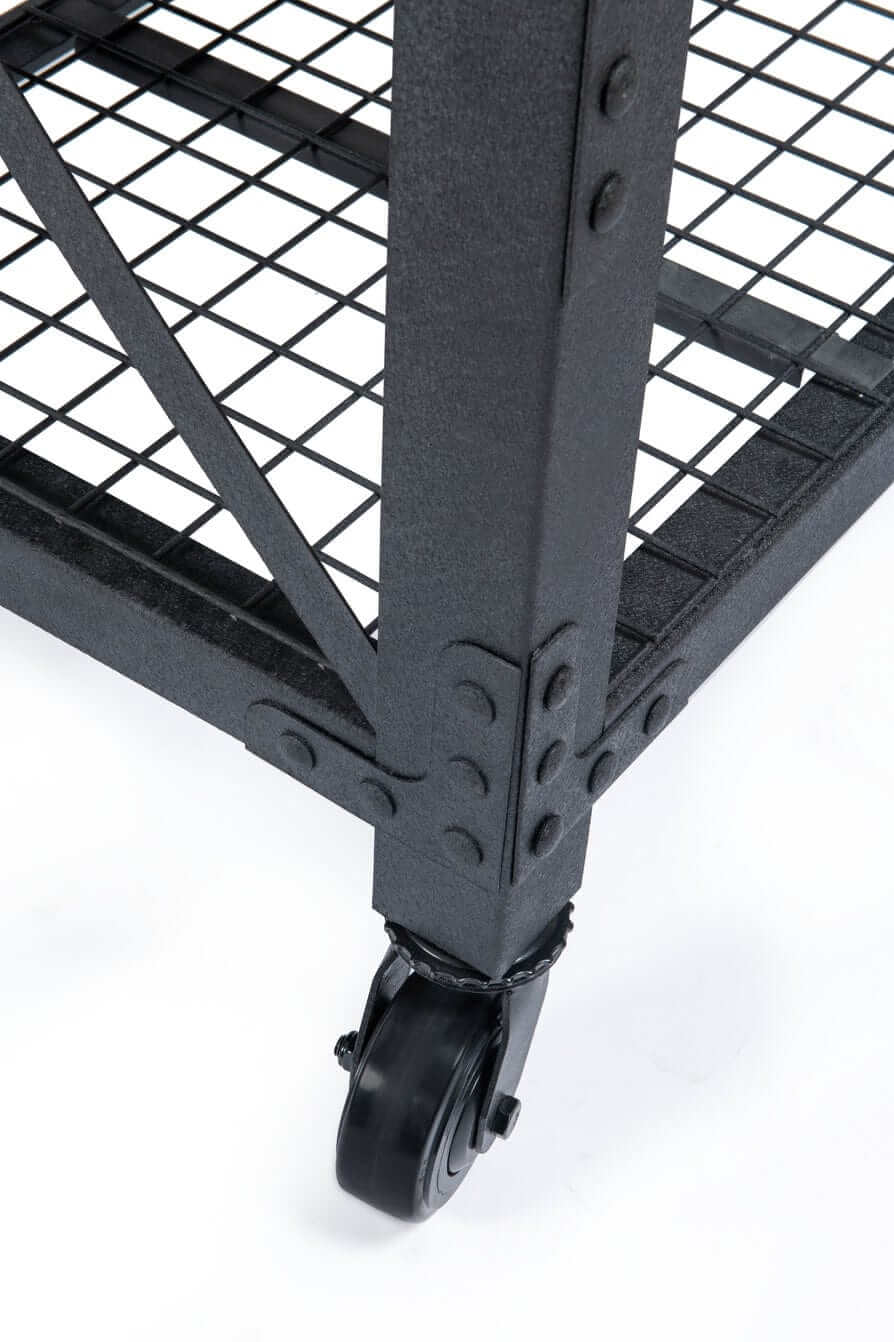 Close-up of the sturdy metal frame and wheels of the DuraMax industrial workbench, showcasing its durability.