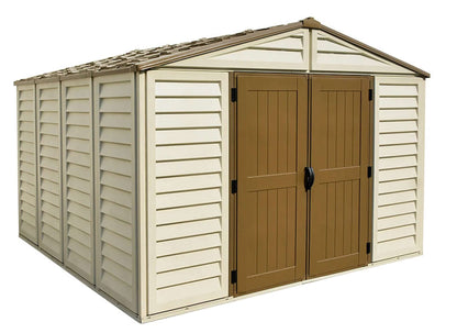 Duramax 10.5x10 Woodbridge PLUS Vinyl Shed with Foundation, featuring durable design and wide double doors for easy access.