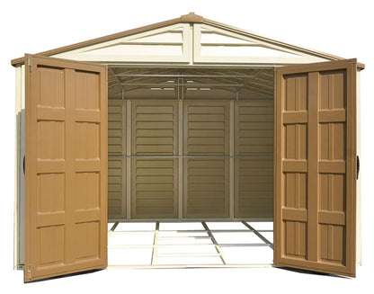 Duramax 10.5x10 Woodbridge PLUS Vinyl Shed with open double doors showcasing spacious interior and durable construction.