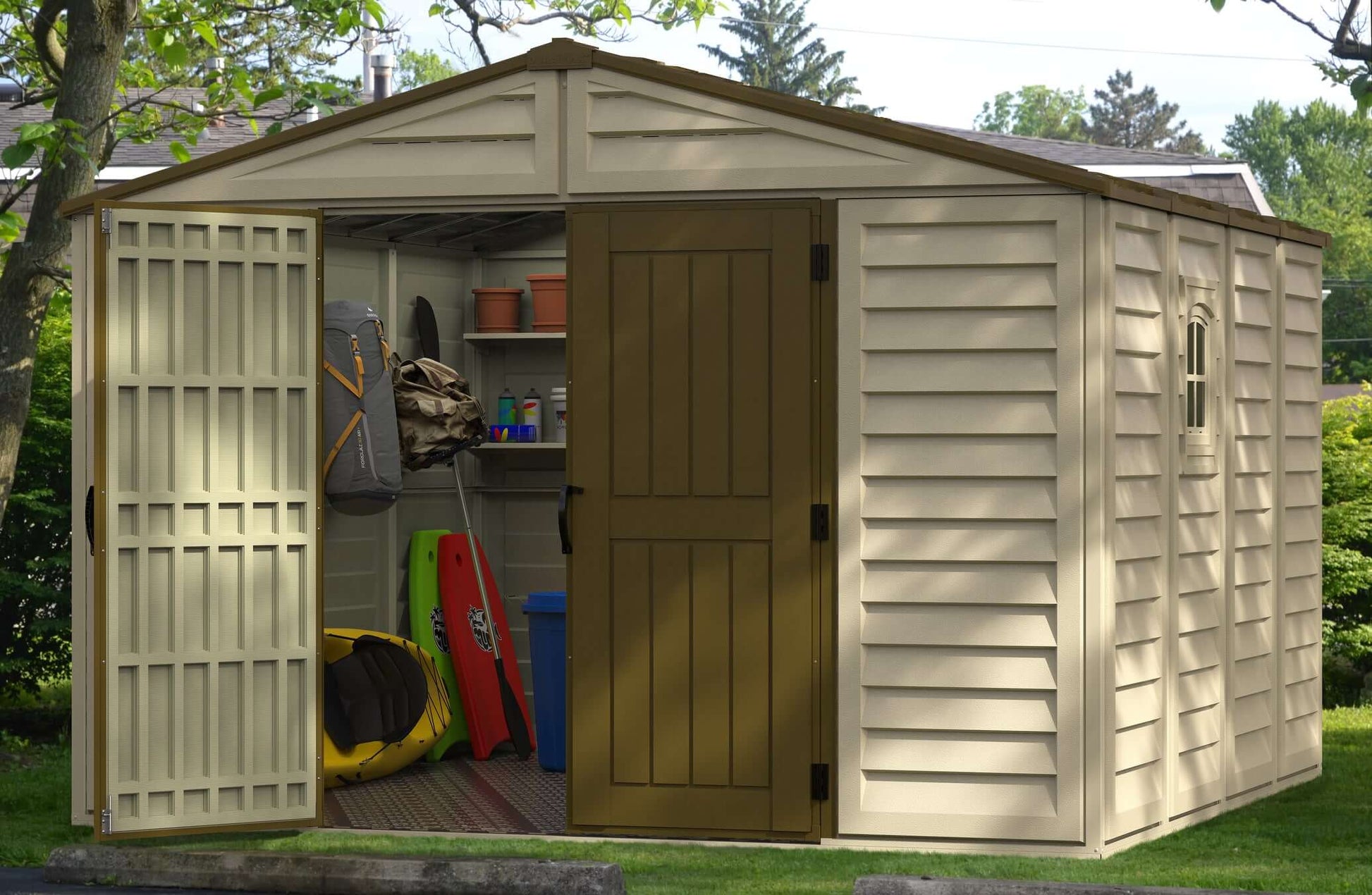 Duramax 10.5x10 Woodbridge PLUS Vinyl Shed with open doors, showcasing outdoor storage, featuring durable construction.