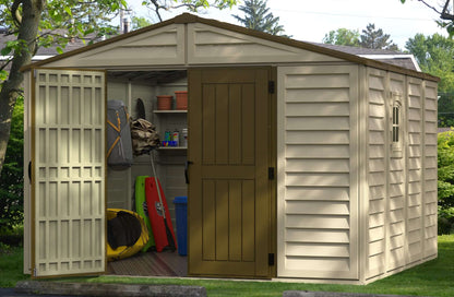 Duramax 10.5x10 Woodbridge PLUS Vinyl Shed with open doors, showcasing outdoor storage, featuring durable construction.
