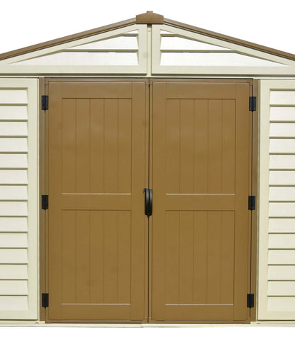Duramax 10.5x10 Woodbridge PLUS Vinyl Shed with double doors, maintenance-free design, ideal for tool and equipment storage.