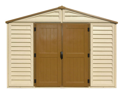 Front view of Duramax 10.5x10.5 Woodbridge PLUS Vinyl Shed with double doors, ideal for outdoor storage. Keywords: Duramax shed.