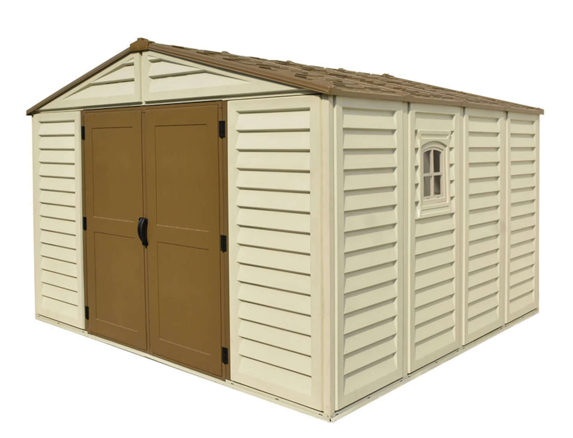 Duramax 10.5x10 Woodbridge PLUS Vinyl Shed with Foundation in beige with brown doors, ideal for weather-resistant storage. Duramax shed.