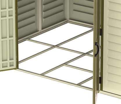 Interior view of Duramax 10.5x10 Woodbridge PLUS Vinyl Shed foundation showing steel frame, open double doors.