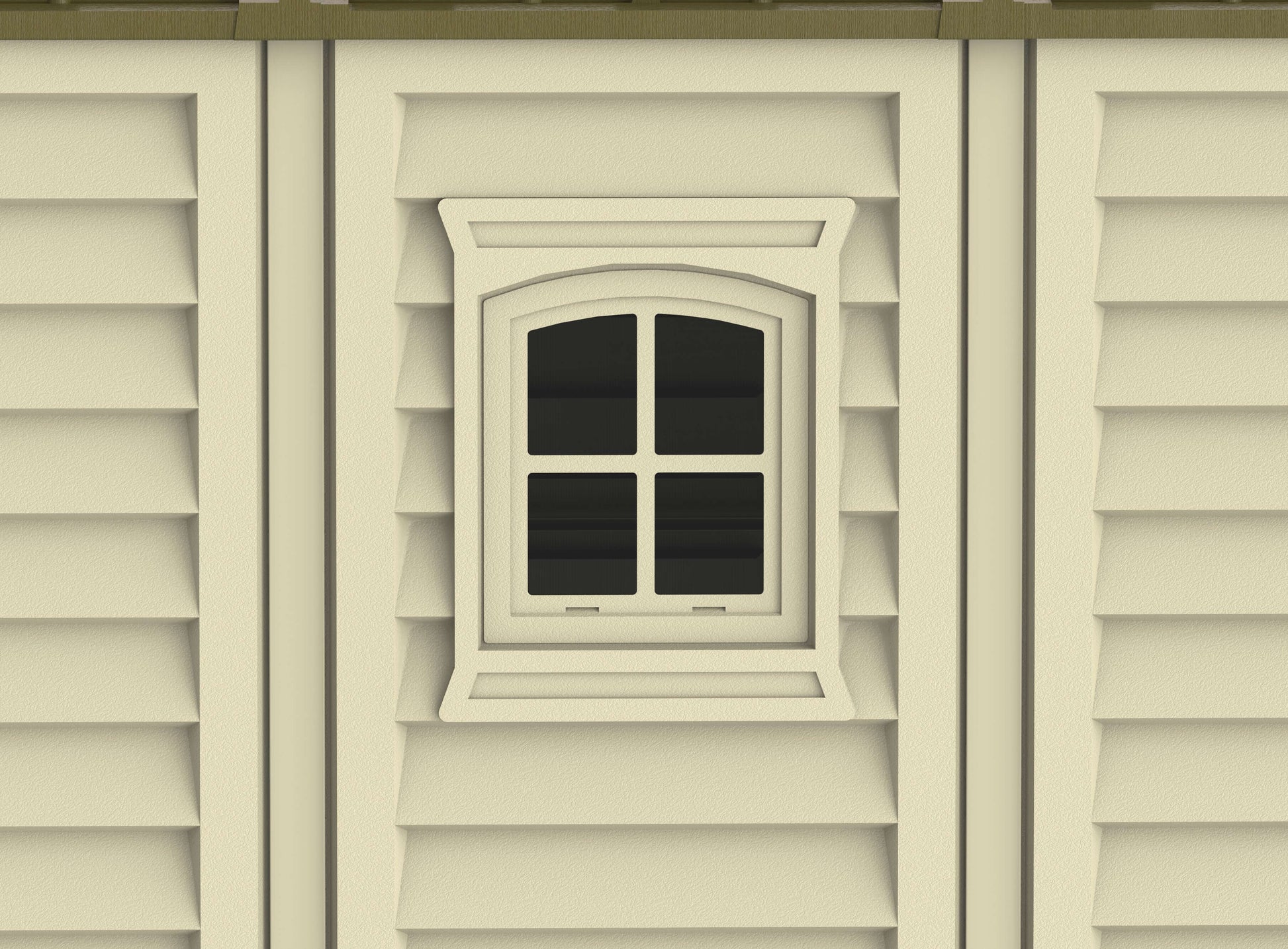 Close-up view of a window on the Duramax Woodbridge PLUS Vinyl Shed, showcasing the durable design and maintenance-free exterior. Perfect for storage.