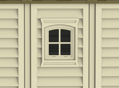 Close-up view of a window on the Duramax Woodbridge PLUS Vinyl Shed, showcasing the durable design and maintenance-free exterior. Perfect for storage.