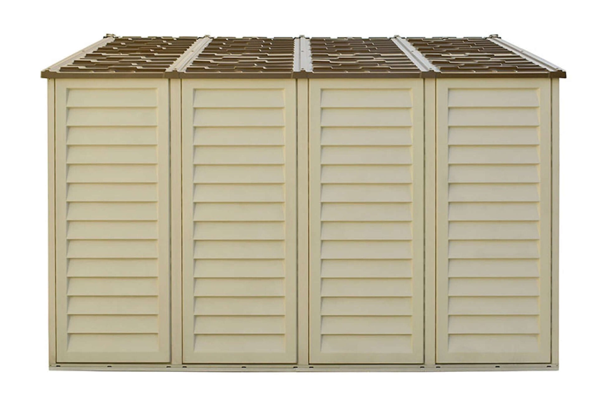 Duramax 10.5x10 Woodbridge PLUS Vinyl Shed with Foundation, durable and maintenance-free, ideal for storing tools and equipment.