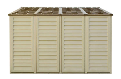 Duramax 10.5x10 Woodbridge PLUS Vinyl Shed with Foundation, durable and maintenance-free, ideal for storing tools and equipment.
