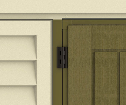 Close-up of hinge detail on Duramax Woodbridge PLUS Vinyl Shed.