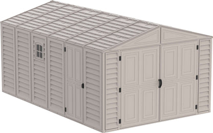 Duramax 10.5x15 Vinyl Garage with Foundation - large, durable, rust-resistant shed ideal for storing tractors and large items.