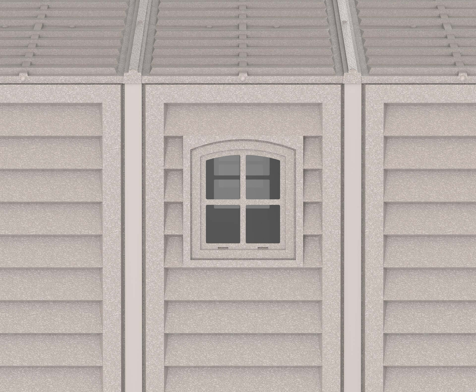 Close-up of a gray vinyl garage wall with a small window, showcasing the durable design of the Duramax vinyl garage.