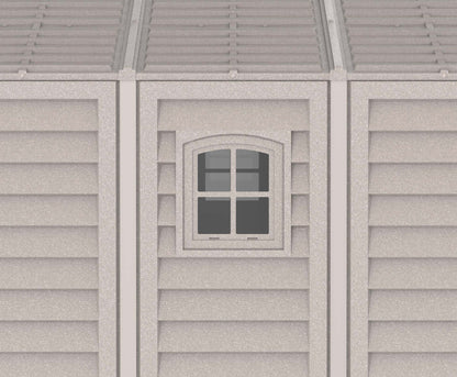 Close-up of a gray vinyl garage wall with a small window, showcasing the durable design of the Duramax vinyl garage.