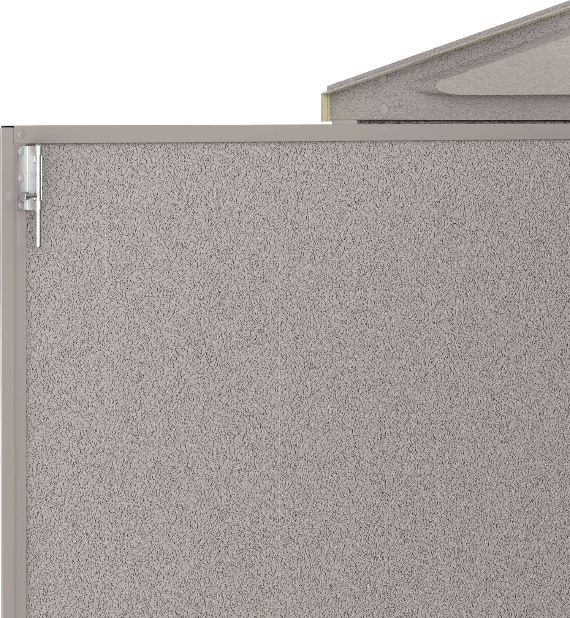 Close-up of Duramax vinyl garage wall texture, showcasing durable construction and foundation corner.